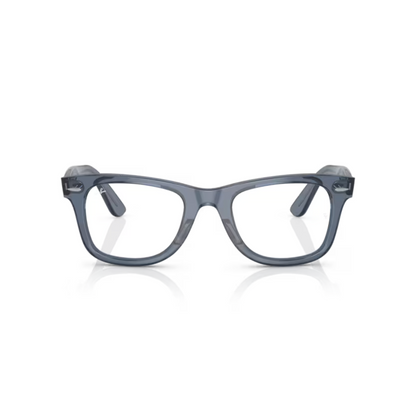  Ray-Ban RB4340V TransparentDarkBlue/8223 Wayfarer Ease square eyeglasses with full-rim lightweight optical frame and classic Wayfarer styling.