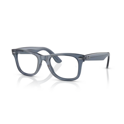  Ray-Ban RB4340V TransparentDarkBlue/8223 Wayfarer Ease square eyeglasses with full-rim lightweight optical frame and classic Wayfarer styling.