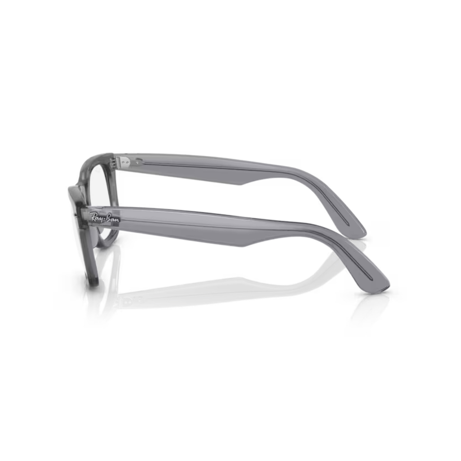Ray-Ban RB4340V Transparent Grey/8225 Wayfarer Ease square eyeglasses with full-rim lightweight optical frame and classic Wayfarer styling.