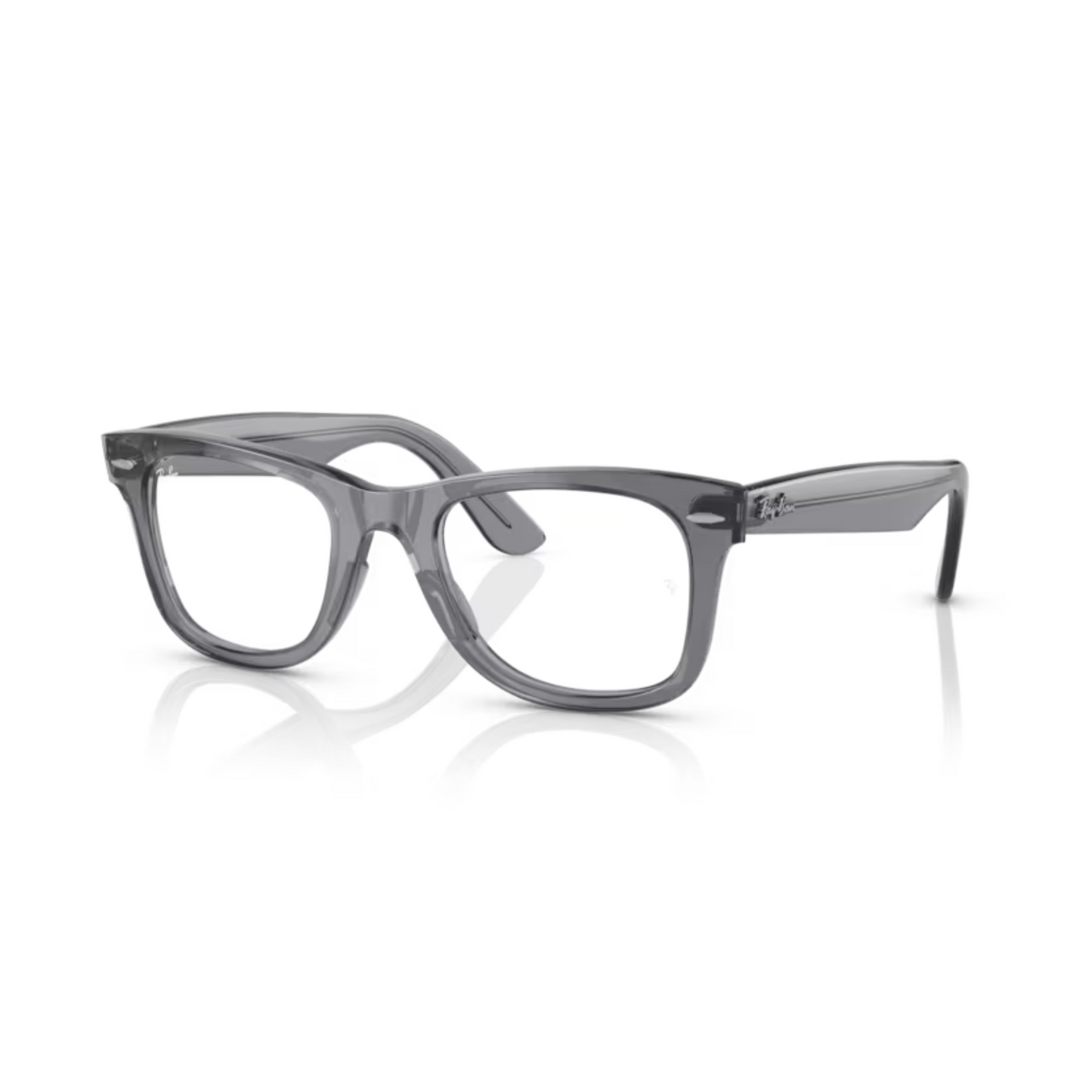 Ray-Ban RB4340V Transparent Grey/8225 Wayfarer Ease square eyeglasses with full-rim lightweight optical frame and classic Wayfarer styling.