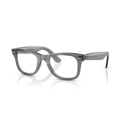 Ray-Ban RB4340V Transparent Grey/8225 Wayfarer Ease square eyeglasses with full-rim lightweight optical frame and classic Wayfarer styling.