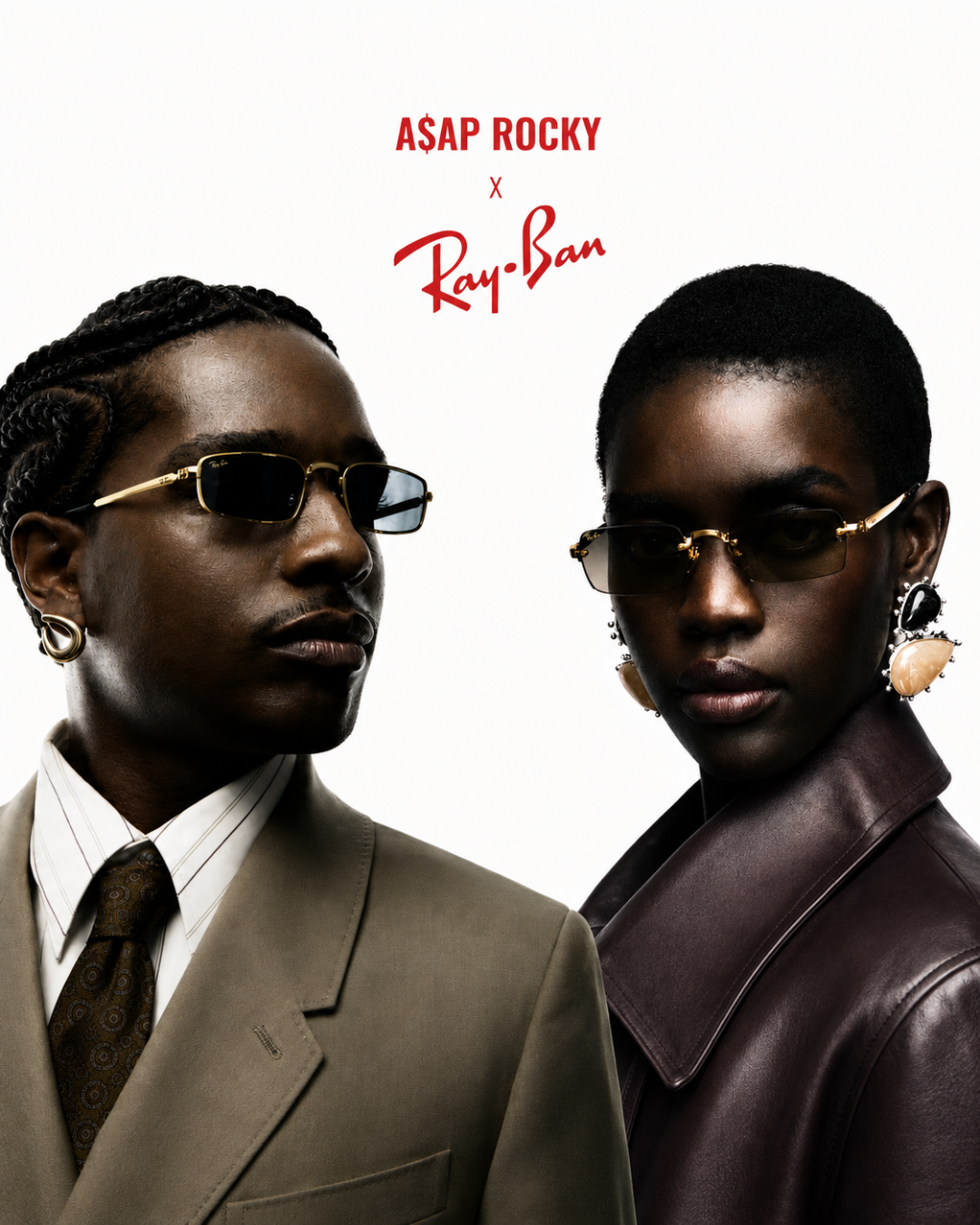 A fashion collaboration poster featuring ASAP Rocky and Ray-Ban, with the text 'ASAP ROCKY x Ray-Ban' at the top. The man on the left wears gold-framed sunglasses, a white shirt, a brown tie, and a taupe suit jacket.