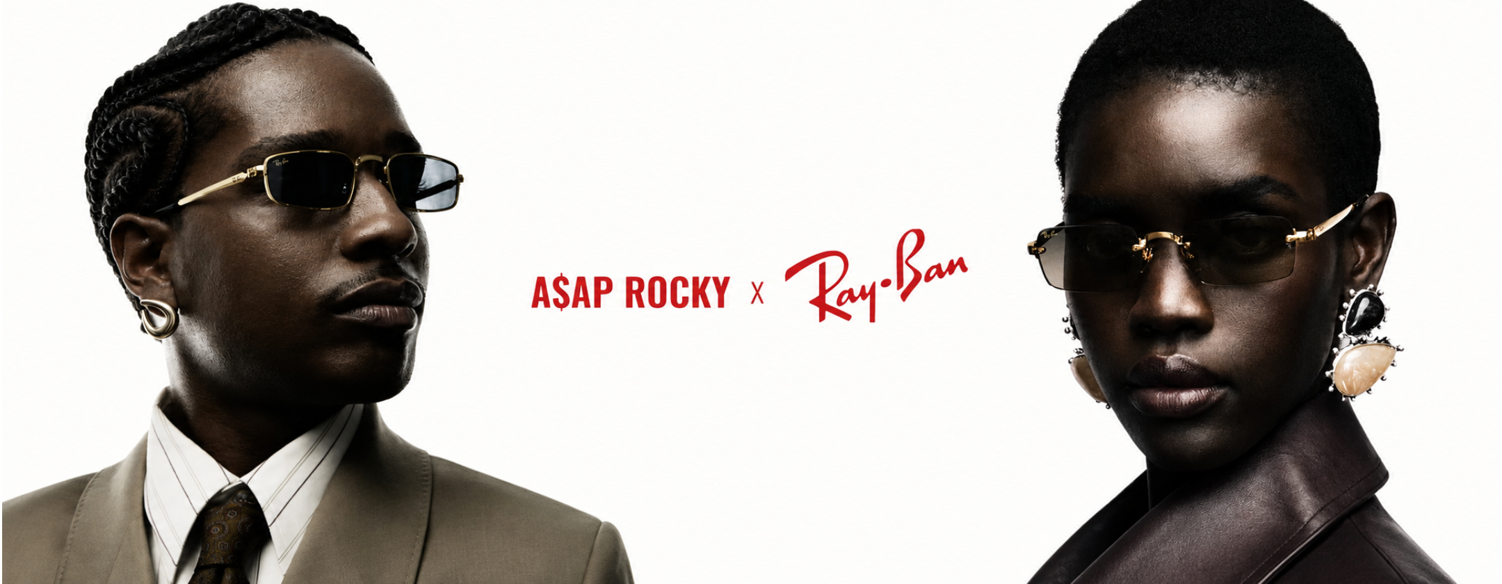 A promotional banner featuring ASAP Rocky and Ray-Ban models wearing gold-framed aviator sunglasses. The left side shows a man in a beige suit and tie, and the right side shows a woman in a dark brown jacket.