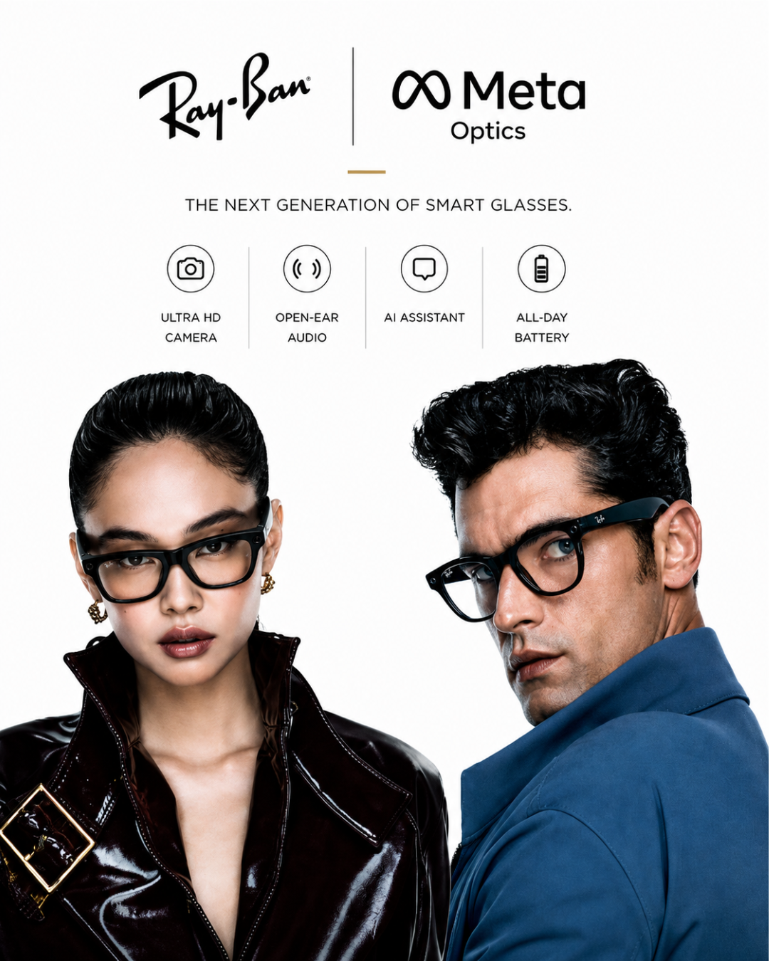 Ray-Ban and Meta Optics promotional graphic featuring two models wearing black smart glasses against a white background, with feature icons and text above them.
