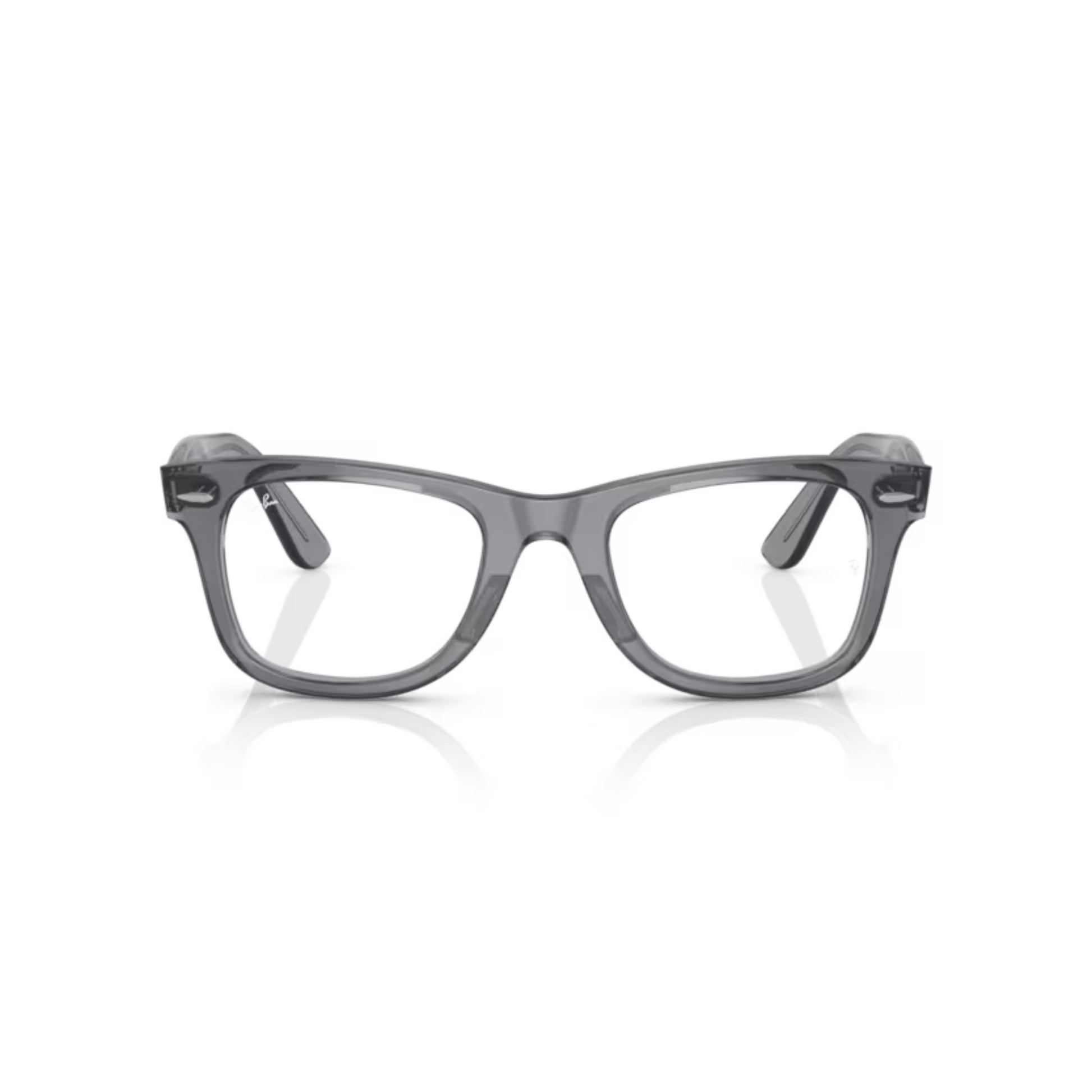 Ray-Ban RB4340V Transparent Grey/8225 Wayfarer Ease square eyeglasses with full-rim lightweight optical frame and classic Wayfarer styling.