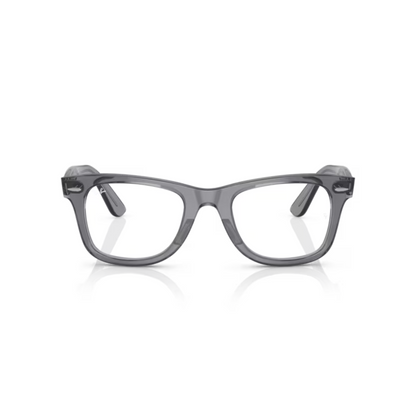 Ray-Ban RB4340V Transparent Grey/8225 Wayfarer Ease square eyeglasses with full-rim lightweight optical frame and classic Wayfarer styling.
