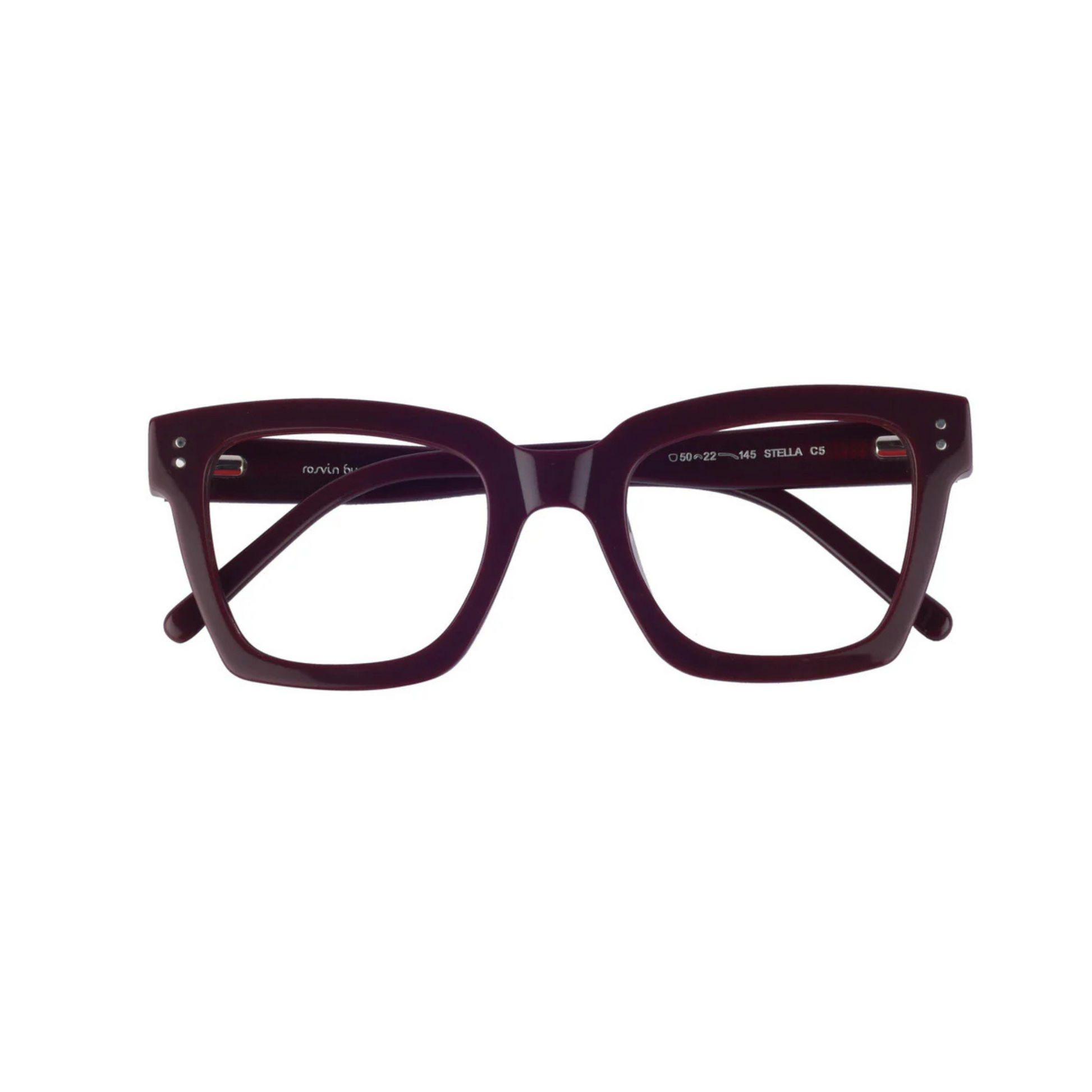 Stella Wine/C5 designer cat-eye optical frame with lightweight full-rim construction for elegant everyday prescription eyewear.