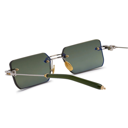 T Henri Evija unisex rimless titanium rectangle sunglasses with 18K gold detailing and luxury Japanese craftsmanship