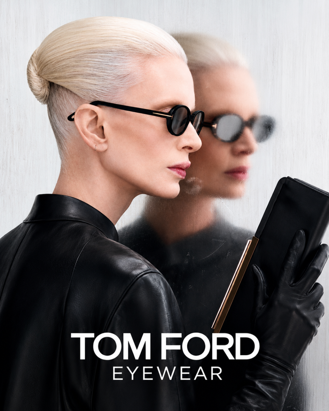 Tom Ford Eyewear campaign featuring a model wearing black round sunglasses with a minimalist luxury fashion aesthetic.
