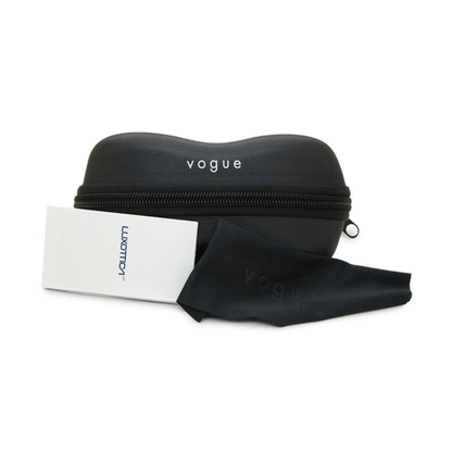 A black zippered Vogue eyeglasses case with a white card and a black microfiber cleaning cloth, displayed on a clean white background.