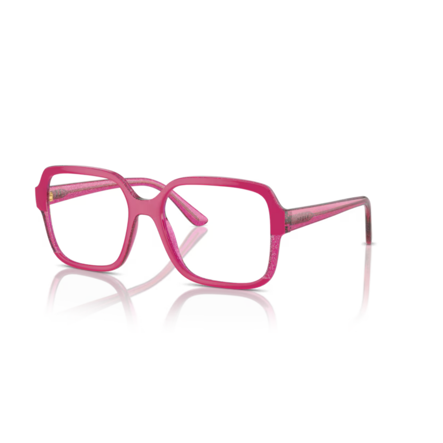  Vogue VO5555 Cherry/transparent fuchsia glitter/3135 modern square eyeglasses with lightweight full-rim frame and elegant everyday styling for women.