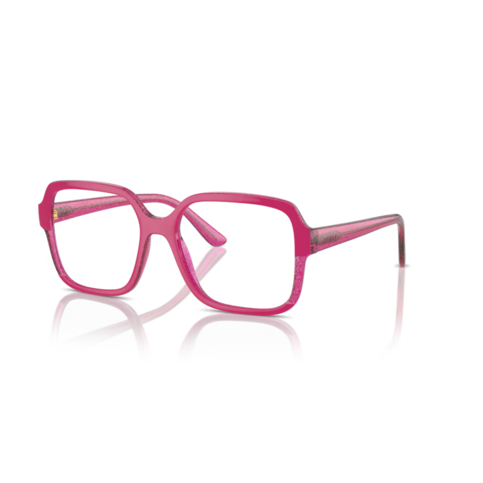  Vogue VO5555 Cherry/transparent fuchsia glitter/3135 modern square eyeglasses with lightweight full-rim frame and elegant everyday styling for women.