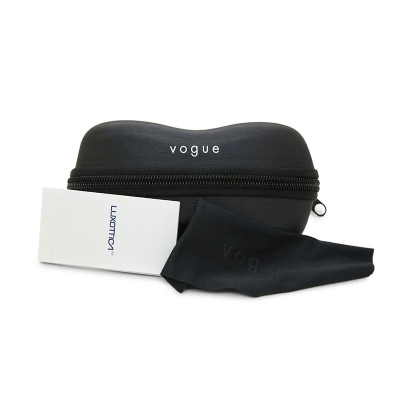 A black zippered Vogue eyeglasses case with a white card and a black microfiber cleaning cloth, displayed on a clean white background.